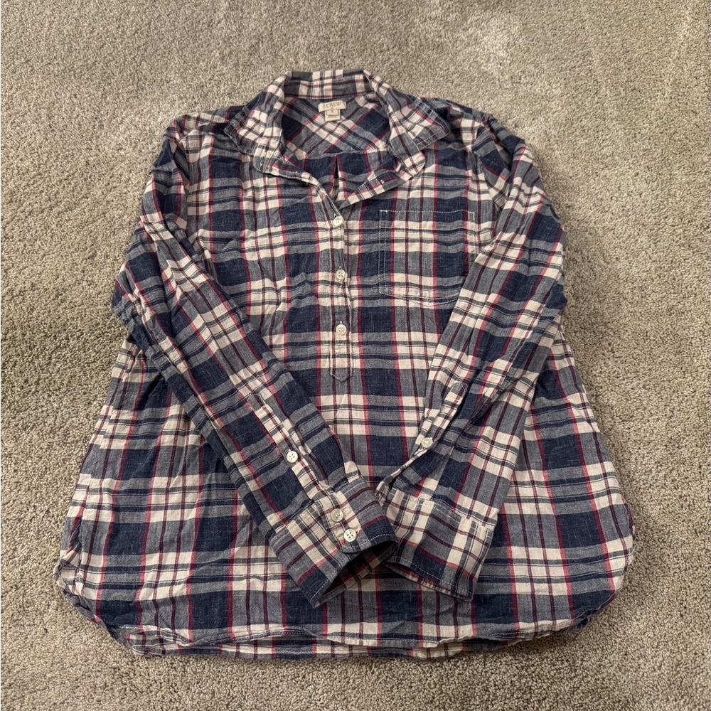 J.Crew Plaid Button Front Shirt Navy Red Cream Small Classic Casual Top